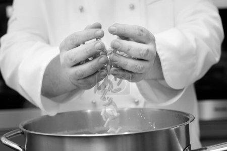 Foto de Foto en blanco y negro del chef poniendo fideos en la olla en la cocina, primer plano - Imagen libre de derechos