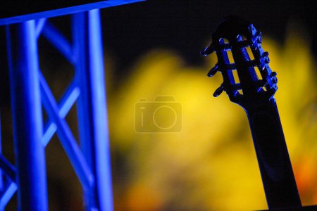 Foto de Una toma vertical de una guitarra durante un concierto nocturno - Imagen libre de derechos