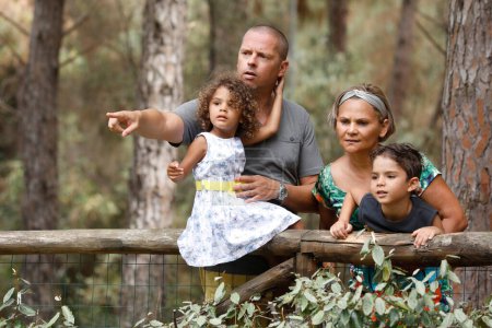 Foto de Hermosa Multiétnica Italiana - Familia brasileña se reúne cerca en un entorno natural de un bosque de pinos - Imagen libre de derechos