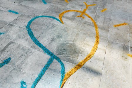 Photo for Heart drawn in the sidewalk in the colors of Ukraine - Royalty Free Image