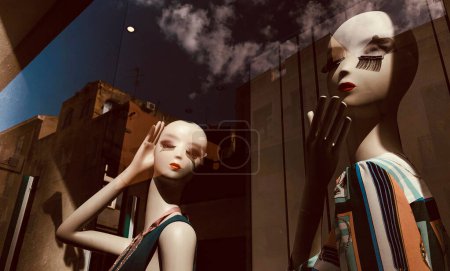 Téléchargez les photos : Beaux mannequins avec cils envoient des baisers et posent à l'intérieur d'une boutique, le ciel et le paysage urbain se reflètent sur le verre de la fenêtre - en image libre de droit