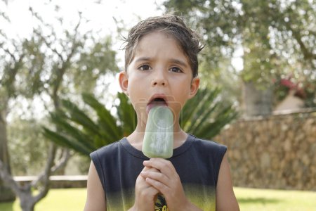 Photo for Cute little boy eating ice cream outdoors - Royalty Free Image