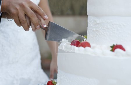 Téléchargez les photos : Marié et mariée coupent gâteau de mariage - en image libre de droit