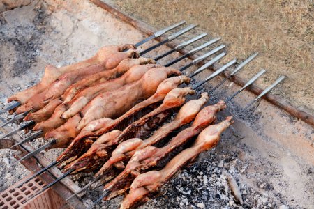 Photo for Cooked grilled meat on skewers - Royalty Free Image