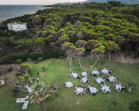 Téléchargez les photos : Vue aérienne de la belle cérémonie de mariage sur pelouse verte - en image libre de droit