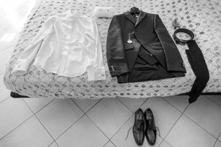 Photo for Black and white photo of a groom 's suit - Royalty Free Image