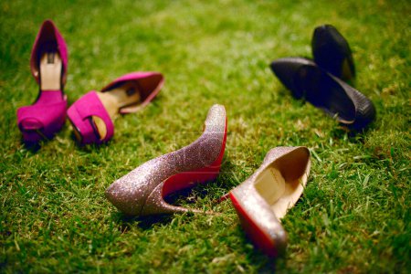 Téléchargez les photos : Plan à angle élevé d'une chaussure féminine sur une herbe verte - en image libre de droit