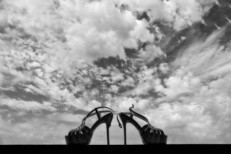 Téléchargez les photos : Photo en noir et blanc de chaussures à talons hauts sur fond de ciel - en image libre de droit