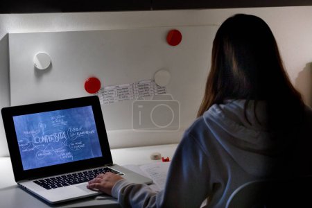 Téléchargez les photos : Jeune femme utilisant un ordinateur portable la nuit - en image libre de droit