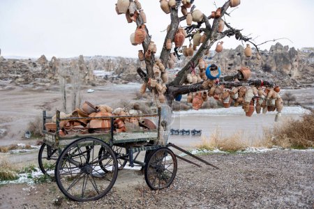 Photo for Cart with many ceramic pots in cappadocia, turkey - Royalty Free Image