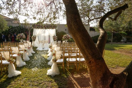 Téléchargez les photos : Belle arche de mariage avec des fleurs dans le jardin - en image libre de droit