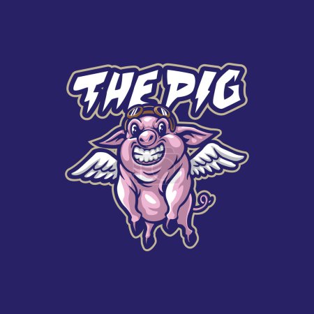 Téléchargez les photos : Conception de logo de mascotte de porc avec un style de concept d'illustration moderne pour l'impression de badge, d'emblème et de t-shirt. Illustration de cochon intelligent avec ailes. - en image libre de droit