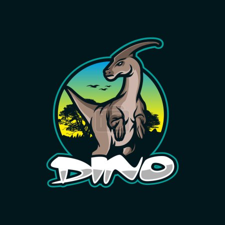 Téléchargez les illustrations : Conception de logo de mascotte Dino avec un style de concept d'illustration moderne pour l'impression de badge, d'emblème et de tshirt. Illustration de dinosaure. - en licence libre de droit