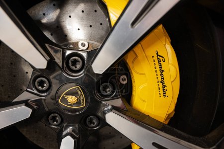 Photo for Ternopil, Ukraine- November 11, 2022:  Car wheel with brakes of yellow Lamborghini Urus. - Royalty Free Image
