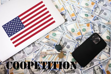 Photo for Coopetition concept. USA flag, dollar money with keys, laptop and phone background. - Royalty Free Image