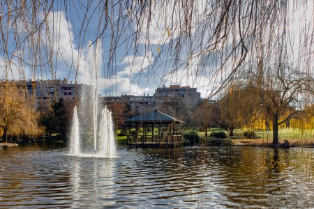 Téléchargez les photos : Public city park with pond and water fountain - en image libre de droit
