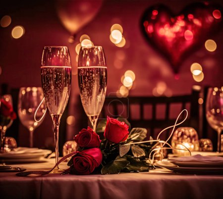 A beautifully arranged dinner table for a romantic evening featuring champagne glasses, roses, balloons, and other decorative items