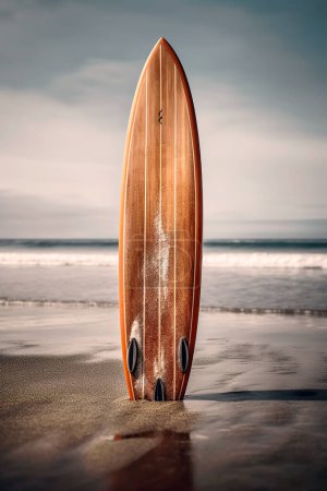 Photo for A surfboard stuck in the sand on a beach. - Royalty Free Image