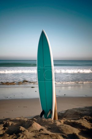 Photo for Surfboard stuck in the beach sand. - Royalty Free Image