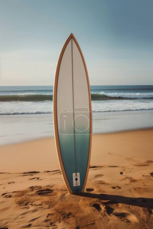 Téléchargez les photos : Planche de surf coincée dans le sable de la plage. - en image libre de droit