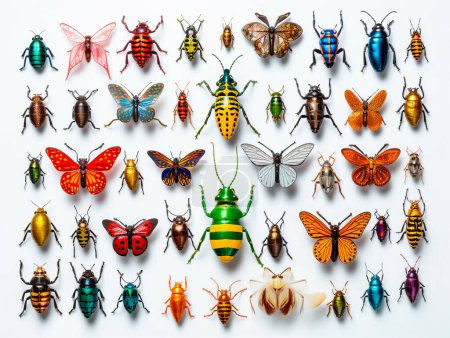 different insects on white background