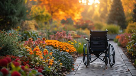 Foto de Una silla de ruedas vacía situada en un camino pavimentado rodeado de coloridas flores otoñales al atardecer. - Imagen libre de derechos