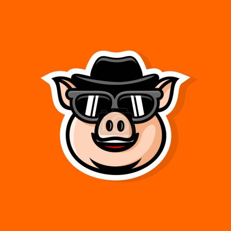 Téléchargez les illustrations : Porc dessin animé portant un chapeau détective et des lunettes de soleil - en licence libre de droit