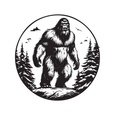 Téléchargez les illustrations : Bigfoot, concept de logo vintage noir et blanc, illustration dessinée à la main - en licence libre de droit