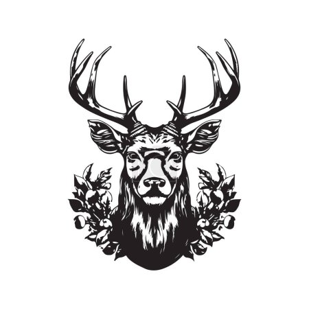 Illustration for Apple with deer, vintage logo line art concept black and white color, hand drawn illustration - Royalty Free Image
