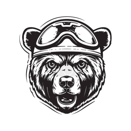Illustration for Bear wearing motorcycle helmet, vintage logo line art concept black and white color, hand drawn illustration - Royalty Free Image