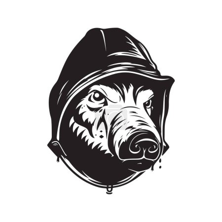 Ilustración de Jabalí con capucha, concepto de arte de línea de logotipo vintage color blanco y negro, ilustración dibujada a mano - Imagen libre de derechos