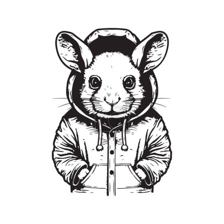 Ilustración de Chinchilla con capucha, concepto de arte de línea de logotipo vintage color blanco y negro, ilustración dibujada a mano - Imagen libre de derechos