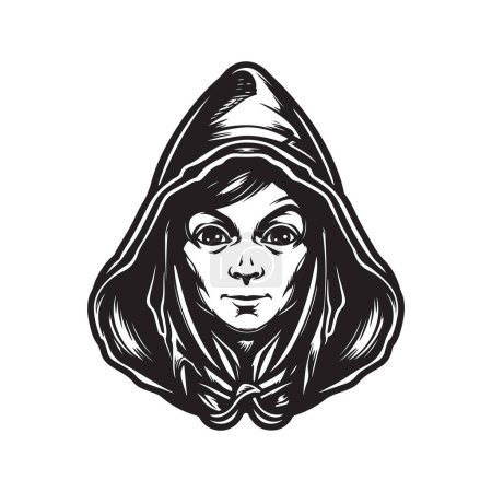 Illustration for Elf hooded, vintage logo line art concept black and white color, hand drawn illustration - Royalty Free Image