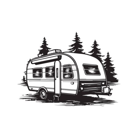 Ilustración de Remolque del campamento, concepto de arte de línea de logotipo vintage color blanco y negro, ilustración dibujada a mano - Imagen libre de derechos