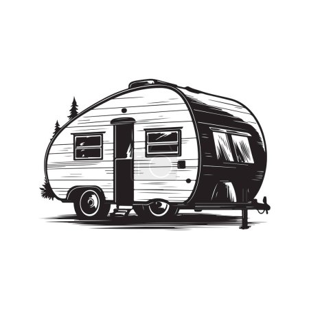 Ilustración de Remolque del campamento, concepto de arte de línea de logotipo vintage color blanco y negro, ilustración dibujada a mano - Imagen libre de derechos