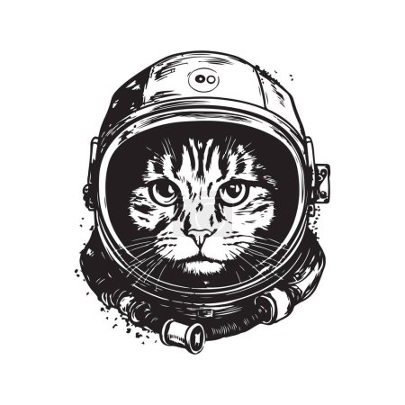 Téléchargez les illustrations : Chat astronaute, vintage logo ligne art concept noir et blanc, illustration dessinée à la main - en licence libre de droit