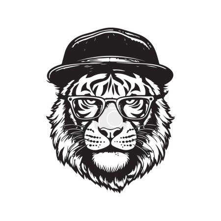 Illustration for Tiger wearing glasses and cap, vintage logo line art concept black and white color, hand drawn illustration - Royalty Free Image