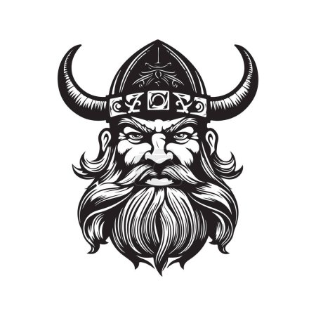 dibujo animado vikingo, concepto de arte de línea de logotipo vintage color blanco y negro, ilustración dibujada a mano