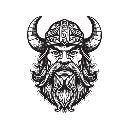 dibujo animado vikingo, concepto de arte de línea de logotipo vintage color blanco y negro, ilustración dibujada a mano
