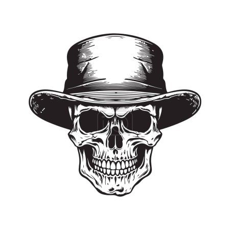 Ilustración de Cráneo con sombrero de cubo, concepto de arte de línea de logotipo vintage color blanco y negro, ilustración dibujada a mano - Imagen libre de derechos