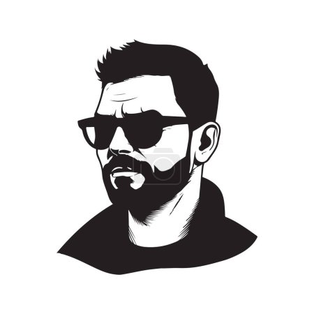 Ilustración de Hombre adulto confiado que usa gafas de sol, concepto de arte de línea de logotipo vintage color blanco y negro, ilustración dibujada a mano - Imagen libre de derechos