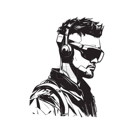 Illustration for Man wearing cyberpunk headset, vintage logo line art concept black and white color, hand drawn illustration - Royalty Free Image