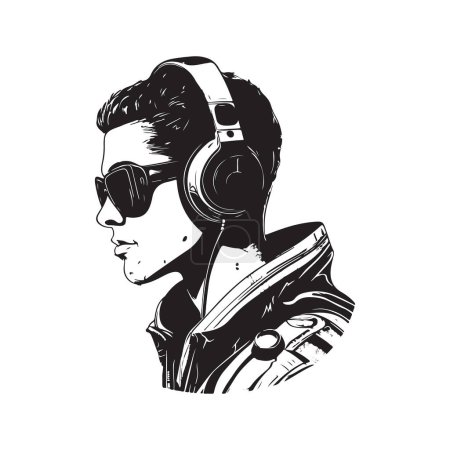 Illustration for Man wearing cyberpunk headset, vintage logo line art concept black and white color, hand drawn illustration - Royalty Free Image