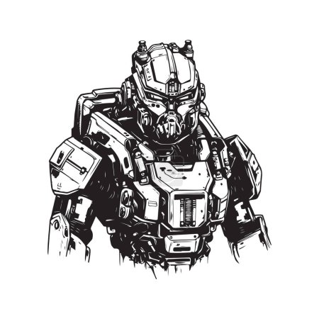 Illustration for Science fiction military robot warrior, vintage logo line art concept black and white color, hand drawn illustration - Royalty Free Image
