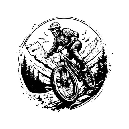 Extremsport Mountainbiken, Vintage-Logo Linie Kunstkonzept schwarz-weiß Farbe, handgezeichnete Illustration
