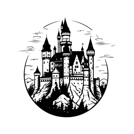 Medieval castle, vintage logo line art concept black and white color, hand drawn illustration
