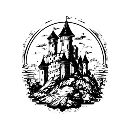 Castillo medieval, concepto de arte de línea de logotipo vintage color blanco y negro, ilustración dibujada a mano