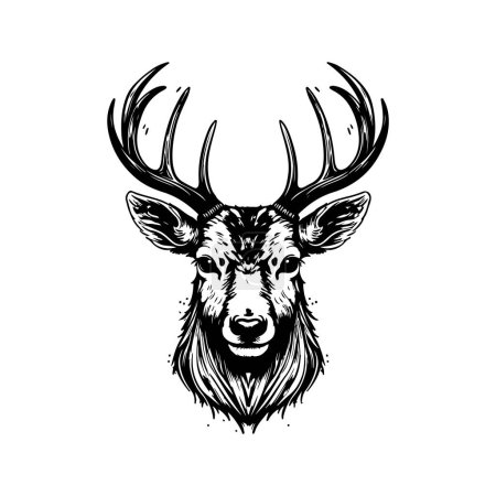 Illustration for Deer head, vintage logo line art concept black and white color, hand drawn illustration - Royalty Free Image