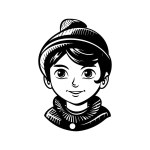 female wearing sweeter and cap, vintage logo line art concept black and white color, hand drawn illustration