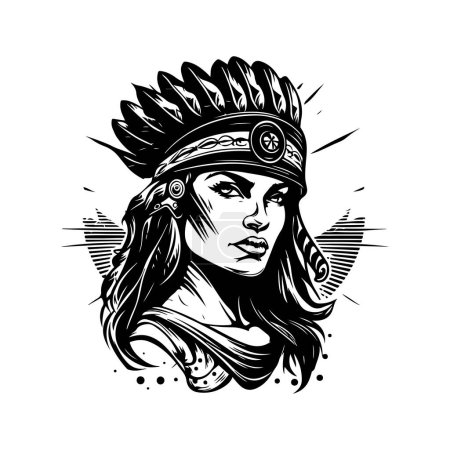 female amazon warrior, vintage logo line art concept black and white color, hand drawn illustration